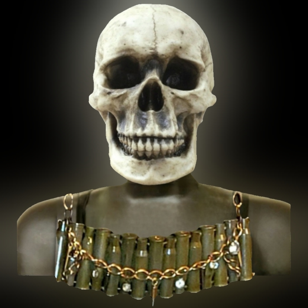 Army green 30-06 bullet casings rhinestones spikes studs chain ammo necklace NWT